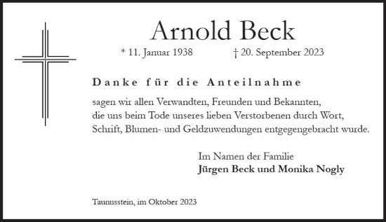 Traueranzeige von Arnold Beck von Wiesbadener Kurier