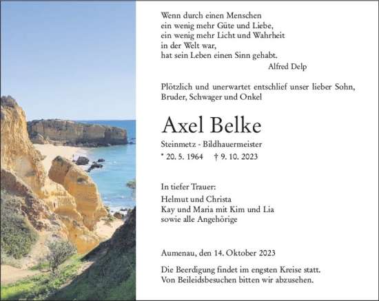 Traueranzeige von Axel Belke von Weilburger Tageblatt