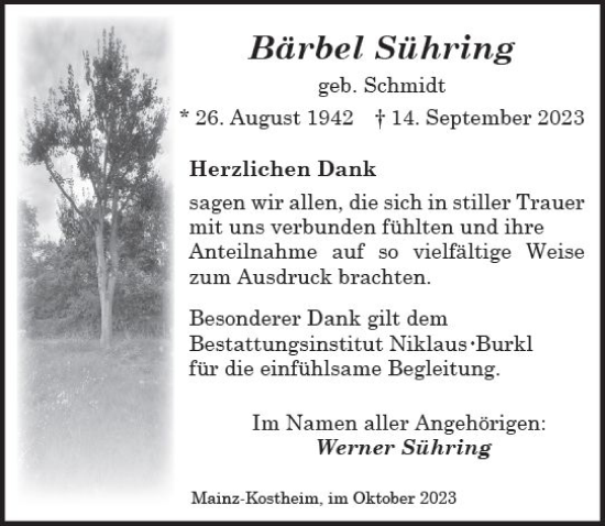 Traueranzeige von Bärbel Sühring von Allgemeine Zeitung Mainz