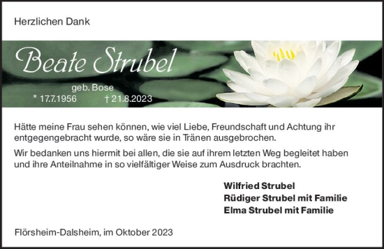 Traueranzeige von Beate Strubel von Wormser Zeitung