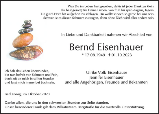Traueranzeige von Bernd Eisenhauer von Odenwälder Echo