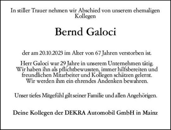 Traueranzeige von Bernd Galoci von Allgemeine Zeitung Mainz