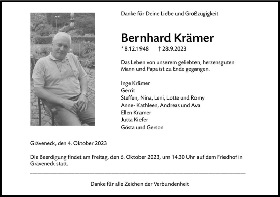 Traueranzeige von Bernhard Krämer von Weilburger Tageblatt