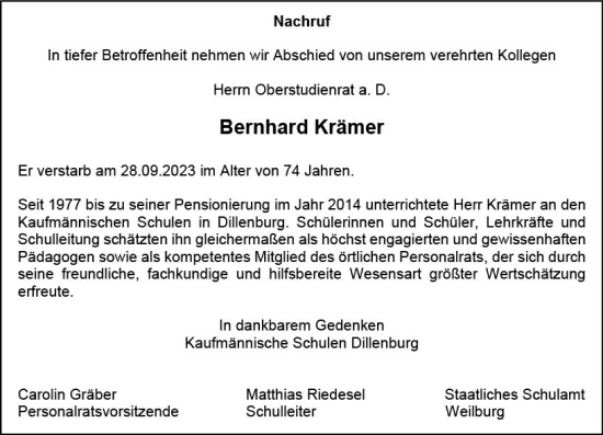 Traueranzeige von Bernhard Krämer von Dill Block