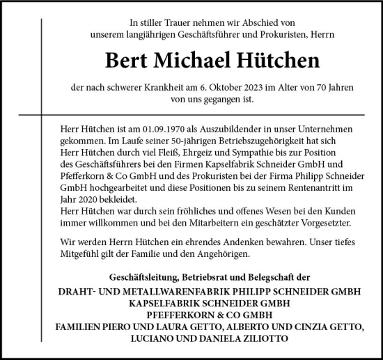 Traueranzeige von Bert Michael Hütchen von Allgemeine Zeitung Bad Kreuznach