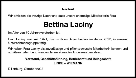 Traueranzeige von Bettina Laciny von Dill Block