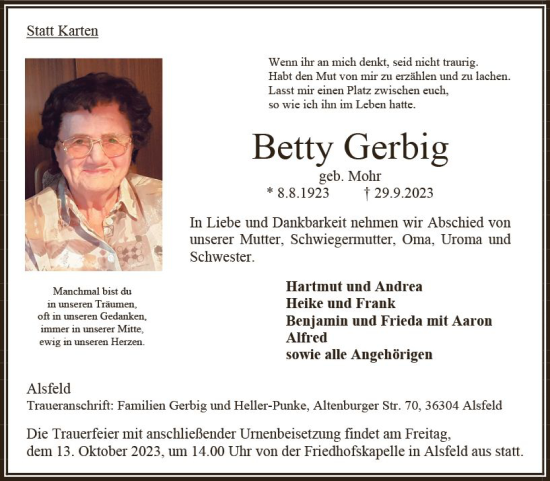 Traueranzeige von Betty Gerbig von Oberhessen Kurier