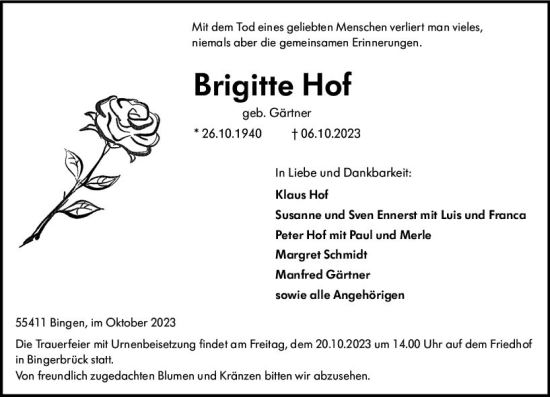 Traueranzeige von Brigitte Hof von Allgemeine Zeitung Bingen/Ingelheim