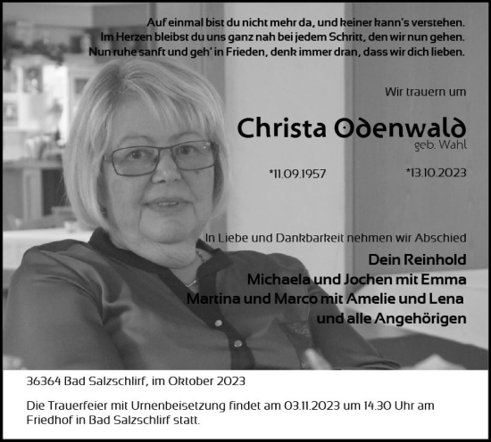 Traueranzeige von Christa Odenwald von VRM Trauer