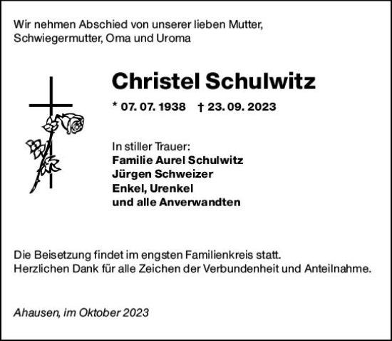 Traueranzeige von Christel Schulwitz von Weilburger Tageblatt
