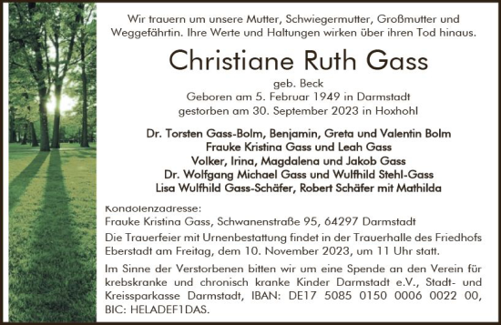 Traueranzeige von Christiane Ruth Gass von Darmstädter Echo