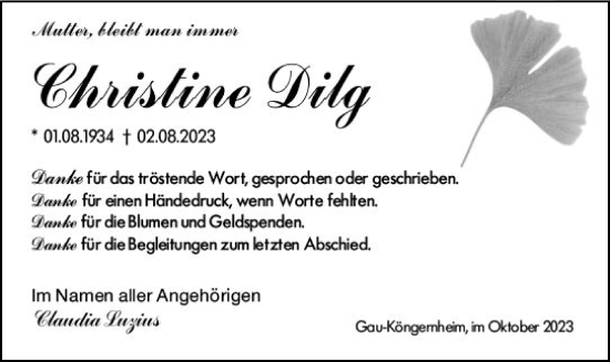 Traueranzeige von Christine Dilg von Allgemeine Zeitung Alzey