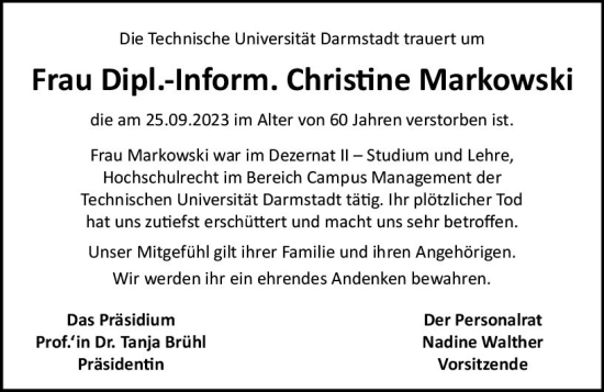 Traueranzeige von Christine Markowski von Darmstädter Echo