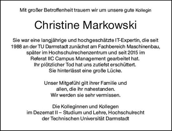 Traueranzeige von Christine Markowski von Darmstädter Echo