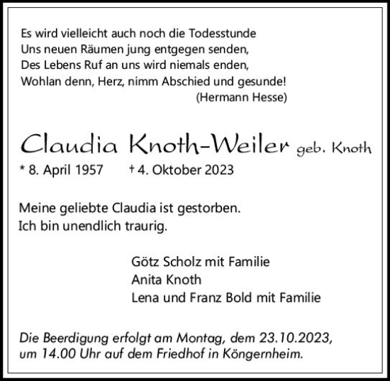 Traueranzeige von Claudia Knoth-Weiler von Allgemeine Zeitung Mainz