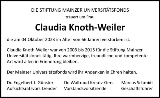 Traueranzeige von Claudia Knoth-Weiler von Allgemeine Zeitung Mainz