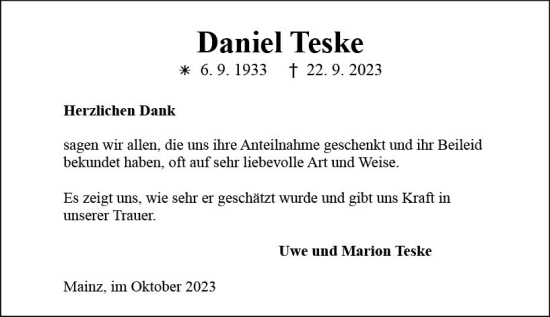 Traueranzeige von Daniel Teske von Allgemeine Zeitung Mainz