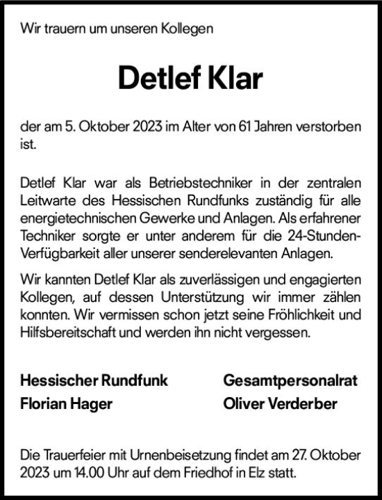 Traueranzeige von Detlef Klar von Nassauische Neue Presse