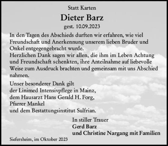 Traueranzeige von Dieter Barz von Allgemeine Zeitung Alzey