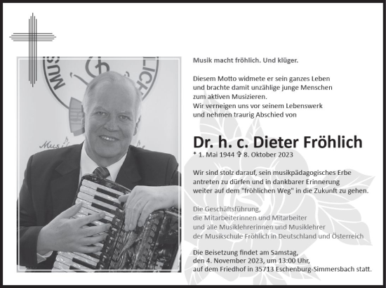 Traueranzeige von Dieter Fröhlich von Dill Block