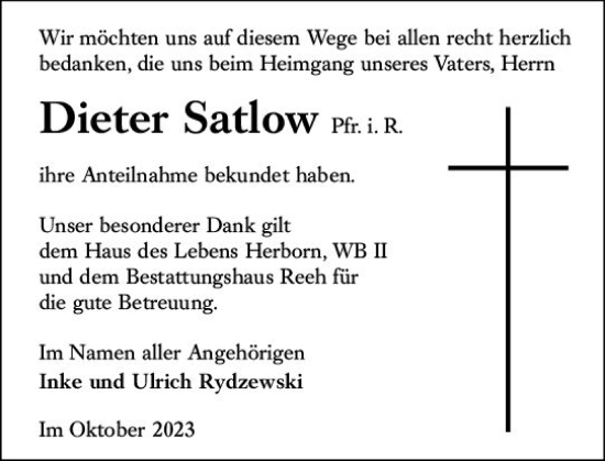Traueranzeige von Dieter Satlow von Dill Block