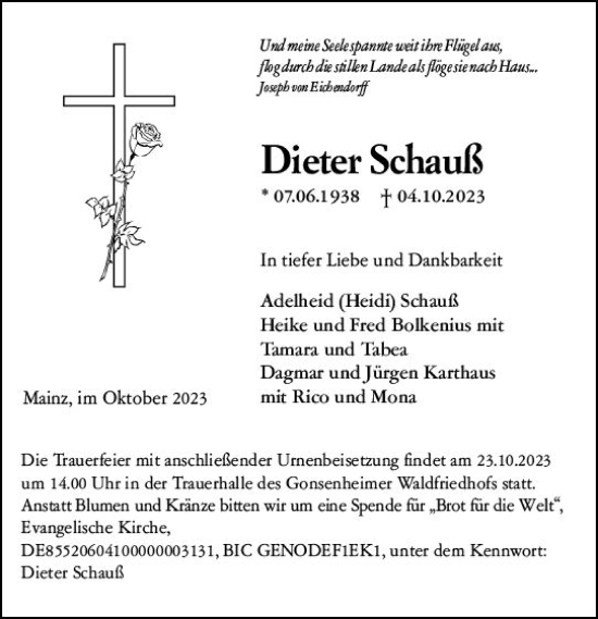 Traueranzeige von Dieter Schauß von Allgemeine Zeitung Mainz