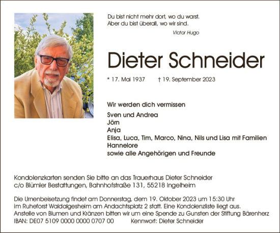 Traueranzeige von Dieter Schneider von Allgemeine Zeitung Mainz