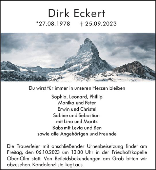 Traueranzeige von Dirk Eckert von Allgemeine Zeitung Mainz