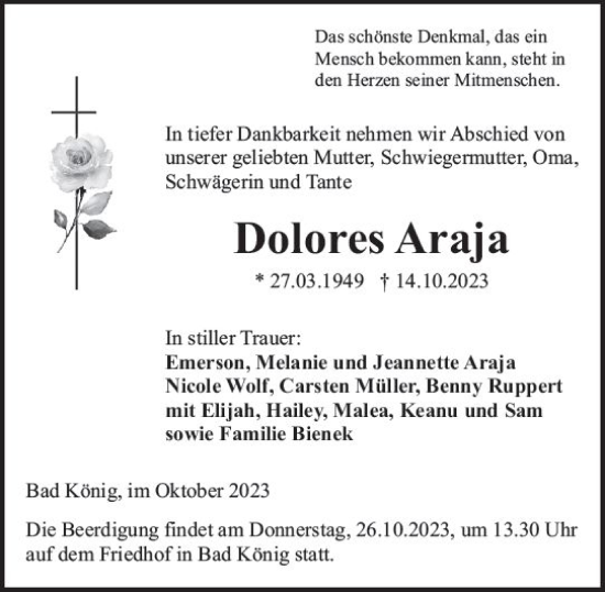Traueranzeige von Dolores Araja von Odenwälder Echo
