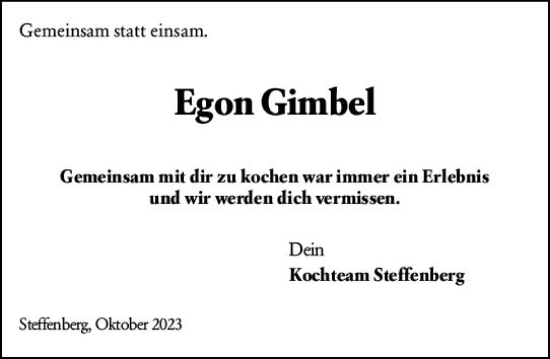 Traueranzeige von Egon Gimbel von Hinterländer Anzeiger