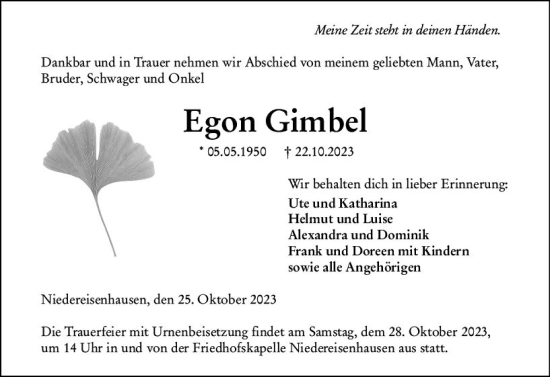 Traueranzeige von Egon Gimbel von Hinterländer Anzeiger