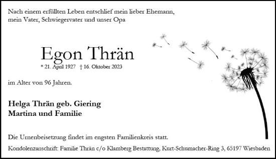 Traueranzeige von Egon Thrän von Wiesbadener Kurier