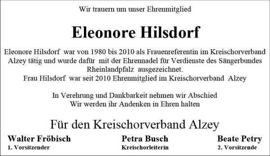 Traueranzeige von Eleonore Hilsdorf von Allgemeine Zeitung Alzey