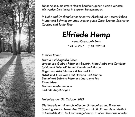 Traueranzeige von Elfriede Hemp von Weilburger Tageblatt