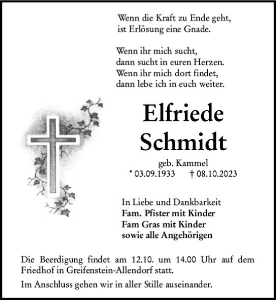 Traueranzeige von Elfriede Schmidt von Wetzlarer Neue Zeitung