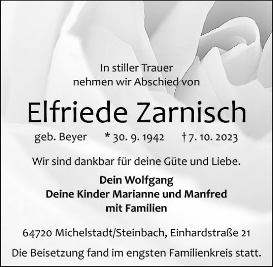 Traueranzeige von Elfriede Zarnisch von Odenwälder Echo