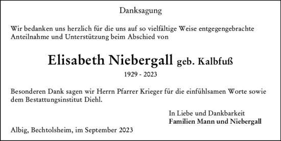 Traueranzeige von Elisabeth Niebergall von Allgemeine Zeitung Alzey