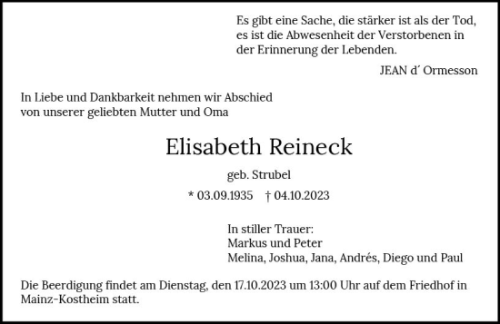 Traueranzeige von Elisabeth Reineck von Allgemeine Zeitung Mainz