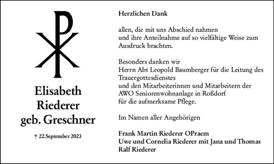 Traueranzeige von Elisabeth Riederer von Darmstädter Echo