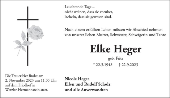 Traueranzeige von Elke Heger von Wetzlarer Neue Zeitung