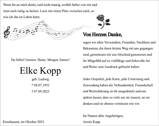 Traueranzeige von Elke Kopp von Weilburger Tageblatt