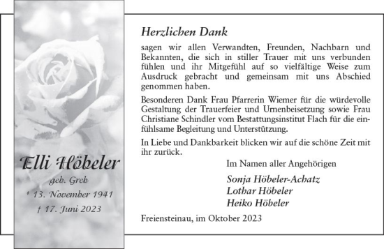 Traueranzeige von Elli Höbeler von Oberhessen Kurier
