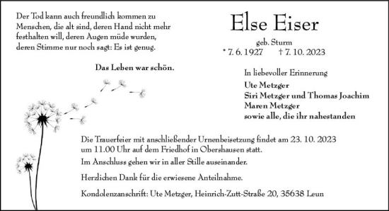 Traueranzeige von Else Eiser von Weilburger Tageblatt