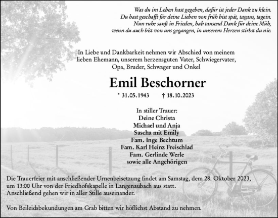 Traueranzeige von Emil Beschorner von Dill Block