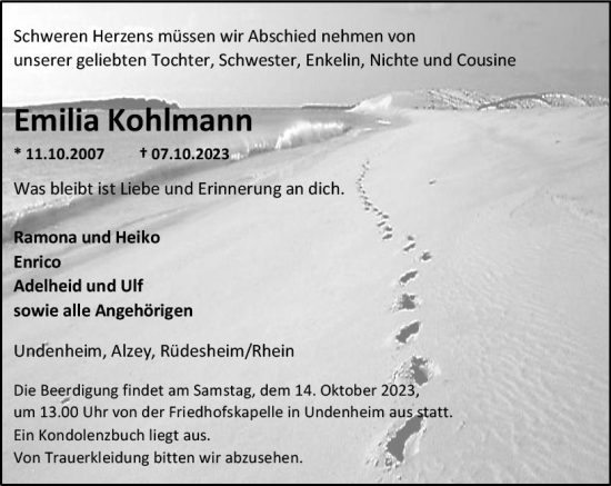 Traueranzeige von Emilia Kohlmann von Allgemeine Zeitung Mainz