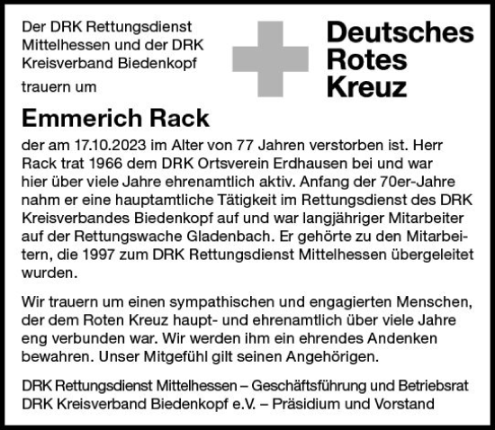 Traueranzeige von Emmerich Rack von Hinterländer Anzeiger