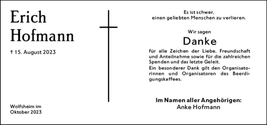 Traueranzeige von Erich Hofmann von Allgemeine Zeitung Bingen/Ingelheim