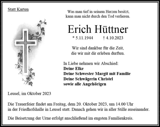 Traueranzeige von Erich Hüttner von VRM Trauer