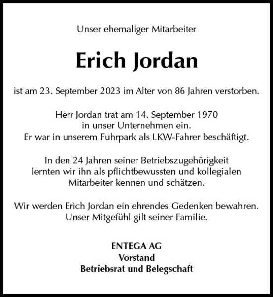 Traueranzeige von Erich Jordan von Odenwälder Echo