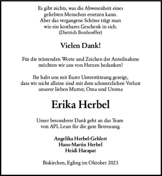 Traueranzeige von Erika Herbel von Wetzlarer Neue Zeitung
